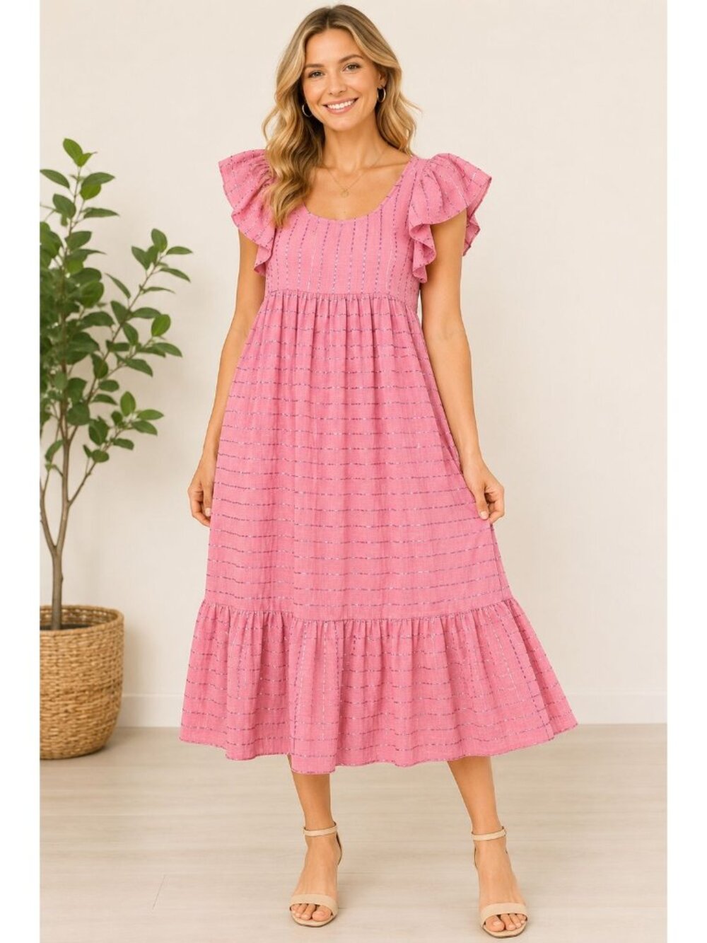 Bonnie Jean Women's NWT Pink Ruffle Sleeve Tiered Midi Dress Size 14